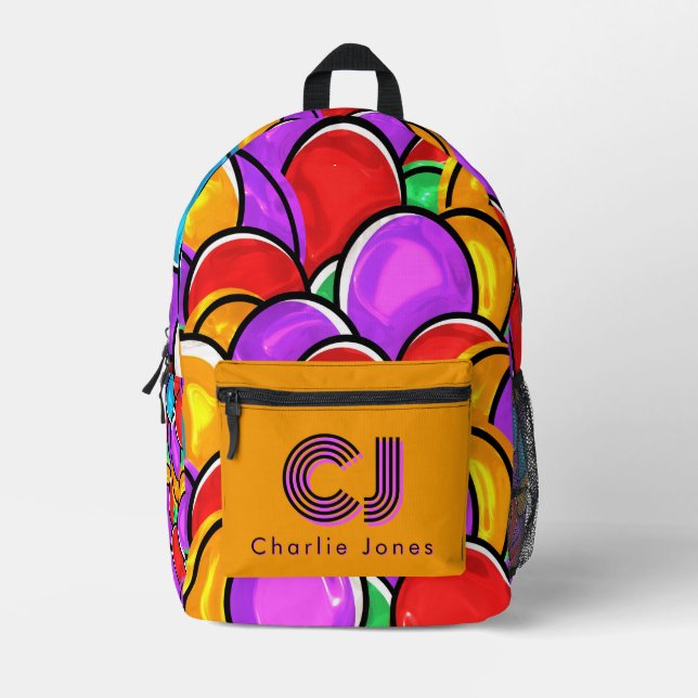 Bold Retro Wavy Pop Art Custom Monogram Backpack (Front)