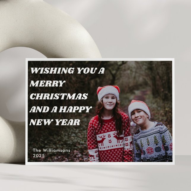 Bold Retro White Text Overlay Photo Christmas Year Holiday Card (Creator Uploaded)