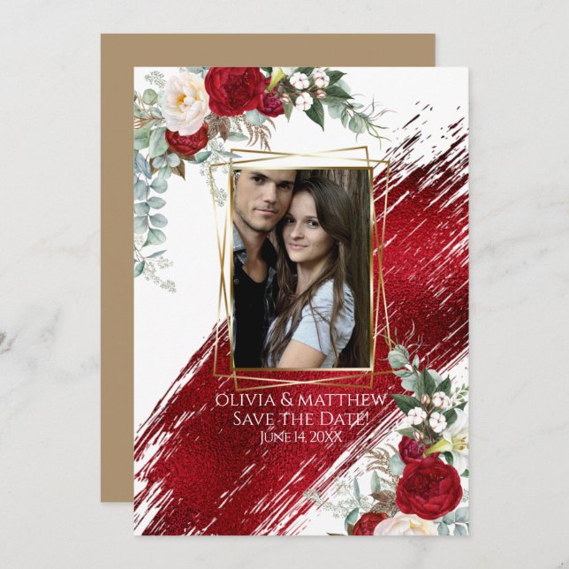 Bold Rich Crimson Paint Stroke and Floral Invitation (Front/Back)