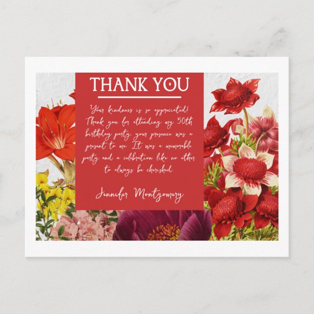 Bold Rich Red Florals Thank You Card (Front)