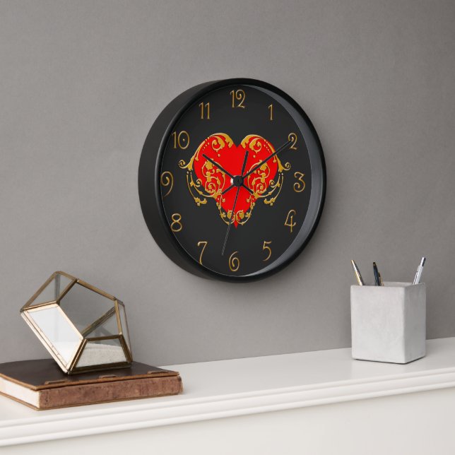 Bold Romantic Valentine Red Goth Heart Clock (Office)