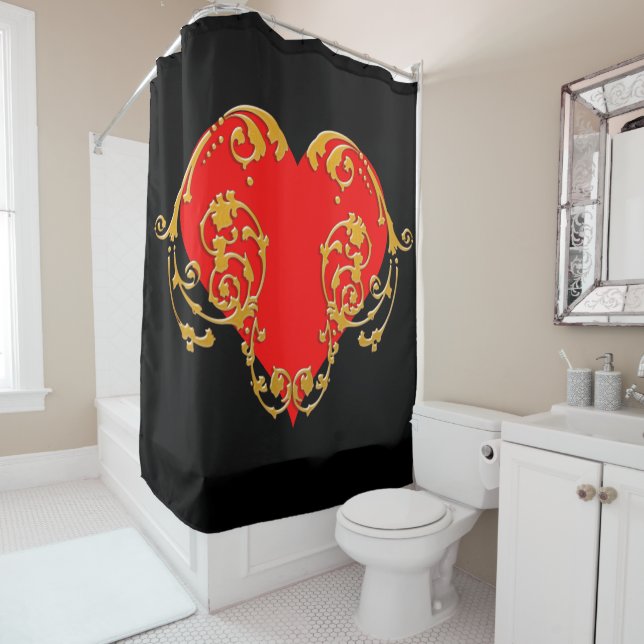 Bold Romantic Valentine Red Goth Heart Shower Curtain (In Situ)