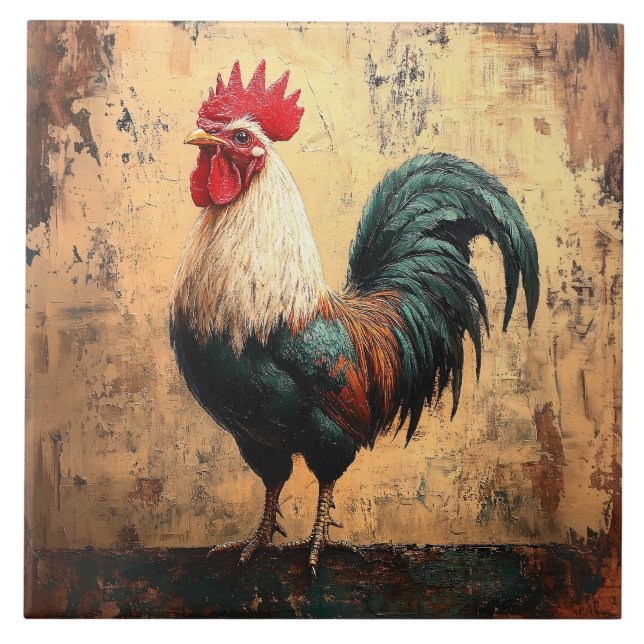 Bold Rooster Chicken Oil Painting Tile (Front)