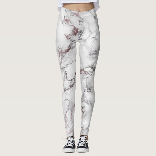 Bold Rose Gold Black and White Marble Leggings (Front)