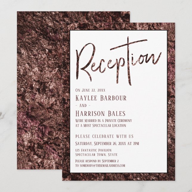 Bold Rose Gold Casual Handwriting Reception Invitation (Front/Back)