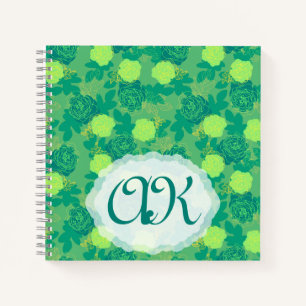 Bold roses green gold monogram notebook