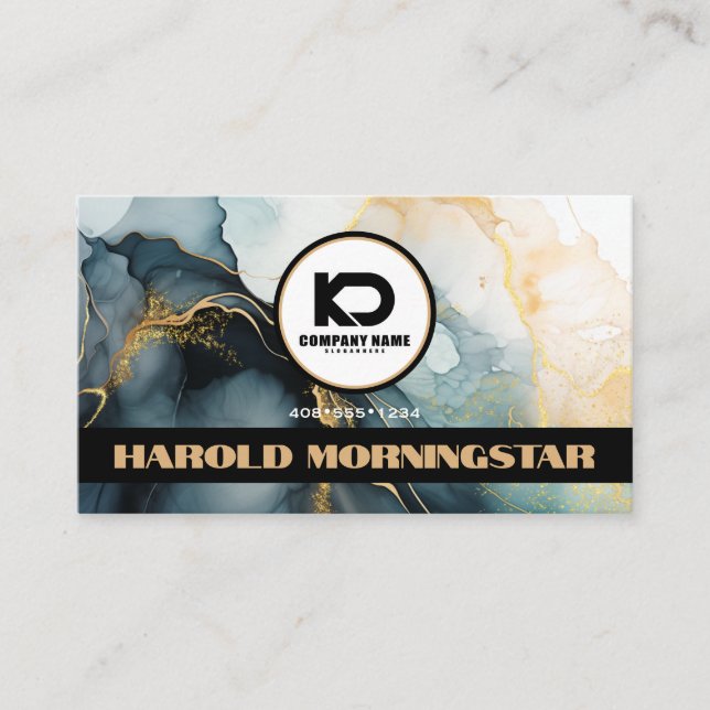 BOLD Round Logo and QR Code Indigo Gold Fluid Ink Business Card (Front)