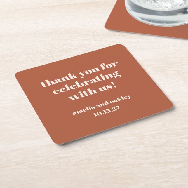 Bold Rust Fall Retro Custom Wedding Thank You  Square Paper Coaster (Angled)