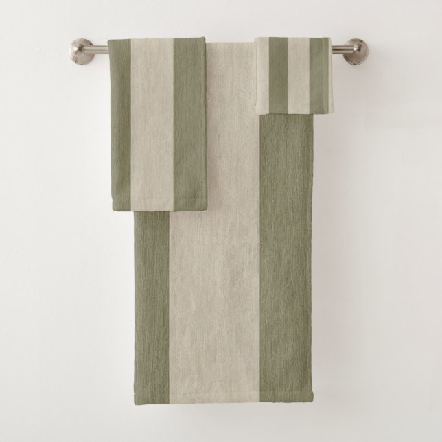 Bold Sage Green and Cream Vertical Striped Pattern Bath Towel Set (Insitu)