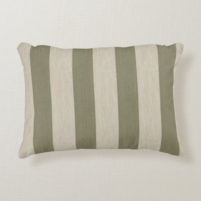 Bold Sage Green and Cream Vertical Striped Pattern Decorative Cushion (Front)