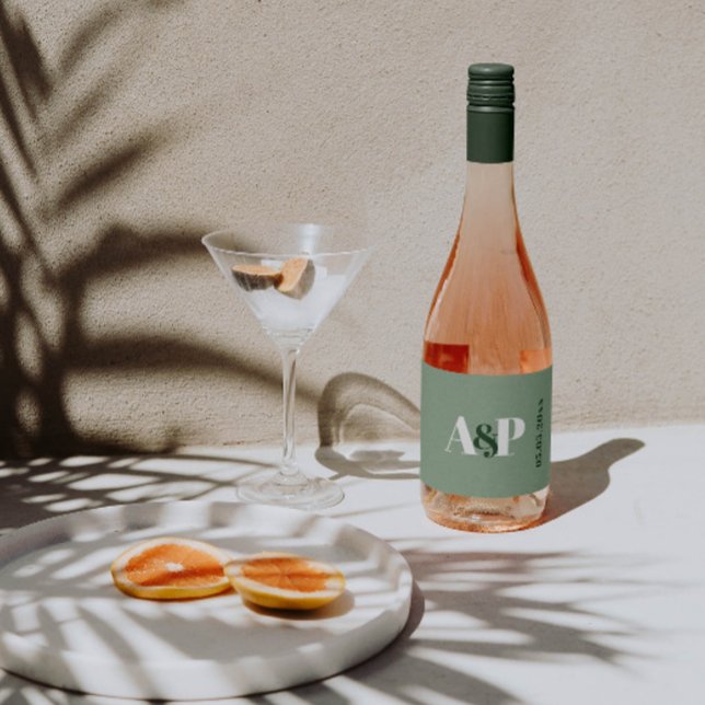 Bold Sage Green & White Typography Couples Shower Sparkling Wine Label (Minimalist couples monogram wine bottle labels in sage green and white for an elegant shower table)