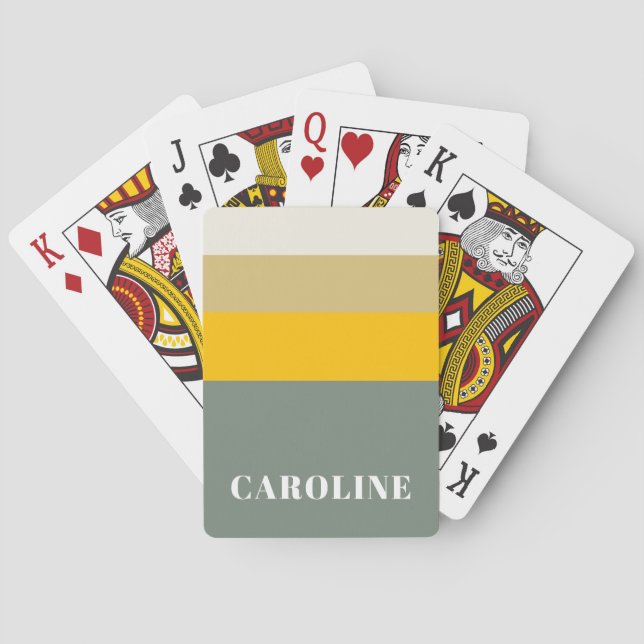 Bold Sage Green Yellow Stripes Modern Personalised Playing Cards (Back)