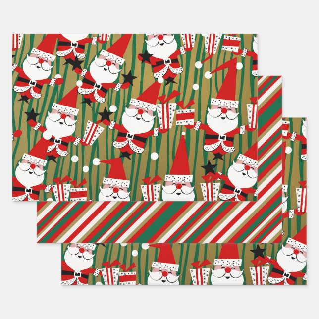 Bold Santa and Stripes Kitsch Wrapping Paper Sheet (Set)
