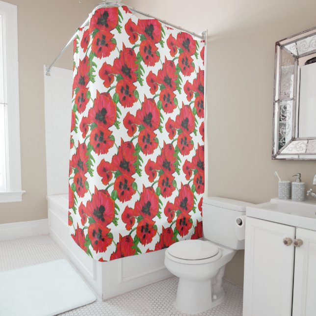 Bold Scarlet Oriental Poppies Pattern on White Shower Curtain (In Situ)