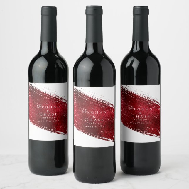 Bold Scarlet Red Brush Stroke Wine Label (Bottles)