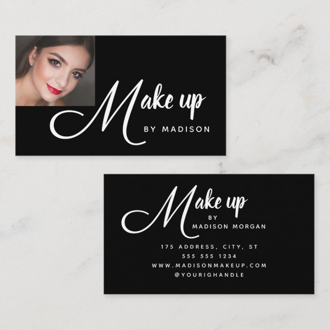 Bold Script Black and White Photo Makeup Business Card (Front/Back)