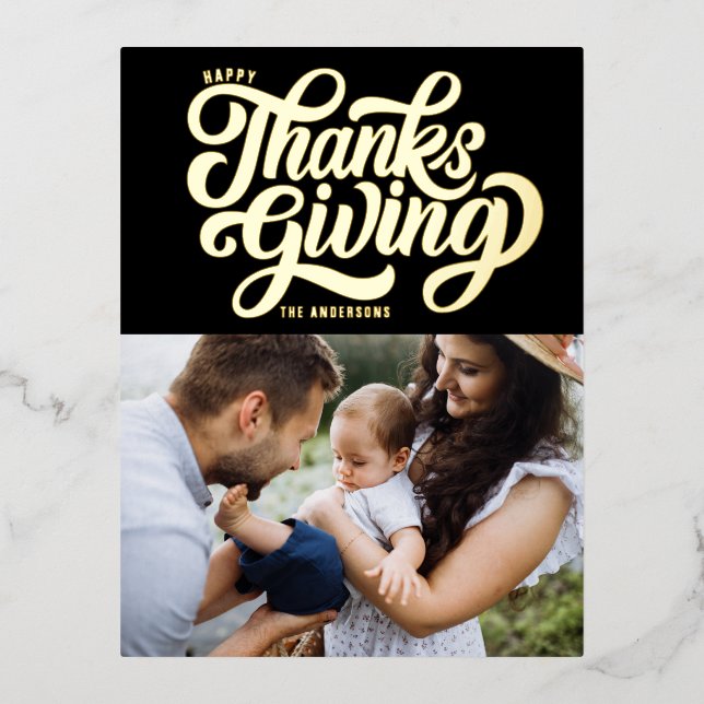 Bold Script Black Happy Thanksgiving Photo  Foil Holiday Postcard (Front)