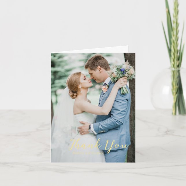 Bold Script Butter Yellow Photo Elegant Wedding Thank You Card (Front)