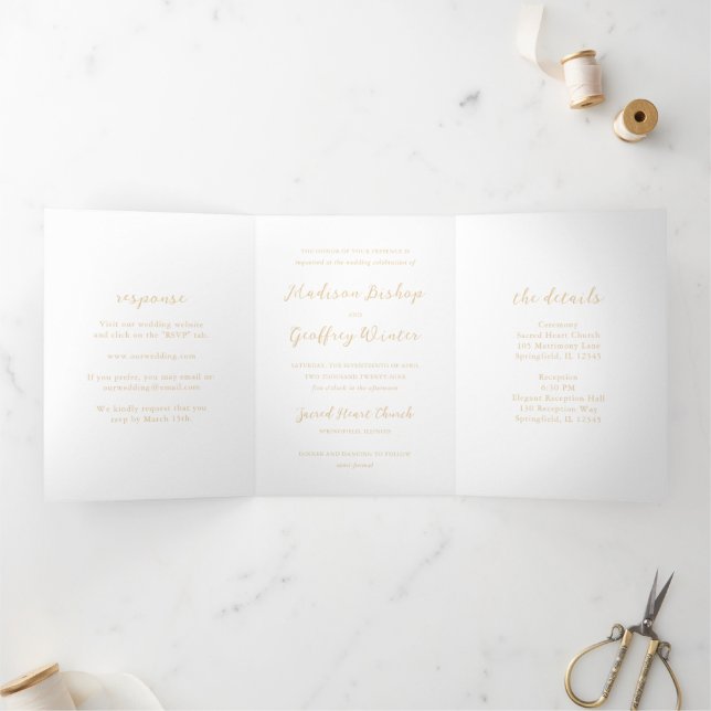Bold Script Earthy Neutral Elegant Wedding Tri-Fold Invitation (Inside)