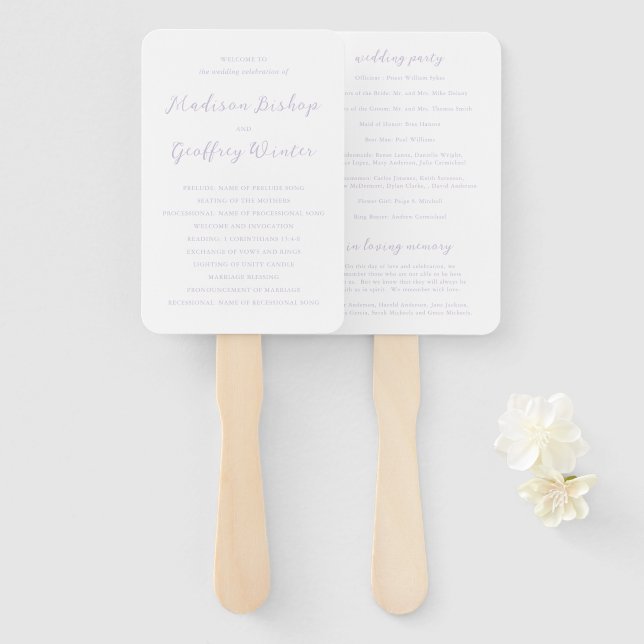 Bold Script Lilac Elegant Wedding Program Hand Fan (Front and Back)