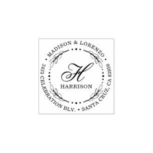 Bold Script Monogram Wreath Round Return Address Rubber Stamp