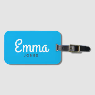 Bold script name modern simple bright blue luggage tag