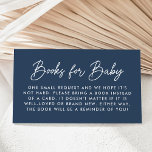 Bold Script Navy Baby Shower Book Request Enclosure Card<br><div class="desc">Cute,  minimalist baby shower book request cards featuring "Books for Baby" displayed in a modern white script with a navy background. Personalise the simple book request cards with your custom text below. The design coordinates with our Oh Baby Script baby shower collection.</div>