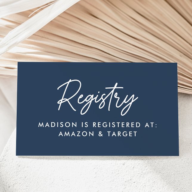 Bold Script Navy Baby Shower Registry Enclosure Card (Creator Uploaded)