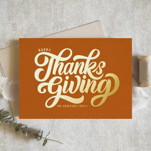 Bold Script Orange Happy Thanksgivin Foil Holiday Card