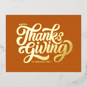 Bold Script Orange Happy Thanksgiving Foil Holiday Postcard