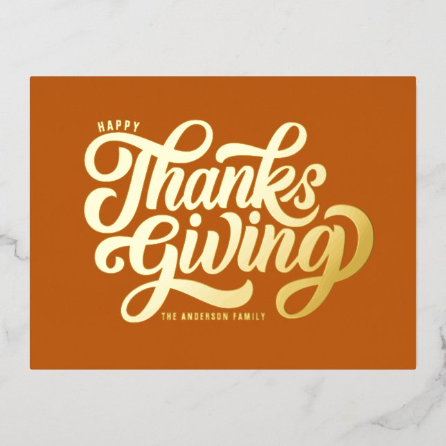 Bold Script Orange Happy Thanksgiving Foil Holiday Postcard (Front)