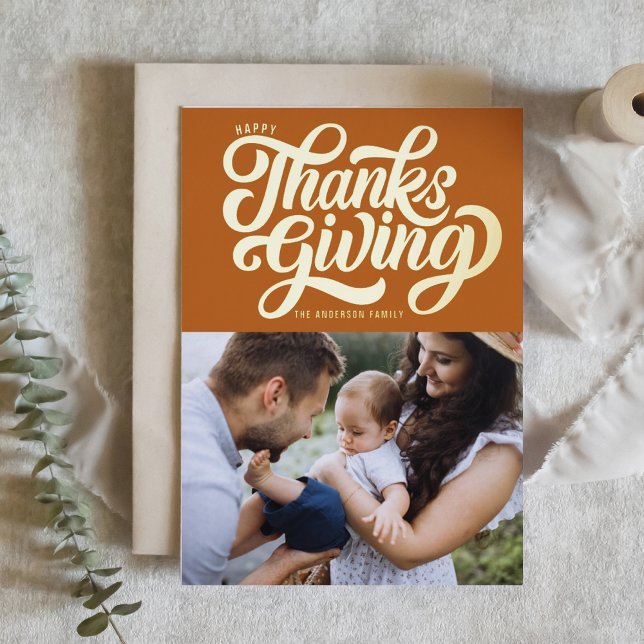 Bold Script Orange Happy Thanksgiving Photo Foil Holiday Card (Creator Uploaded)