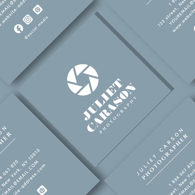  Bold Script Photography Dusty Blue  Square Business Card (Creator Uploaded)