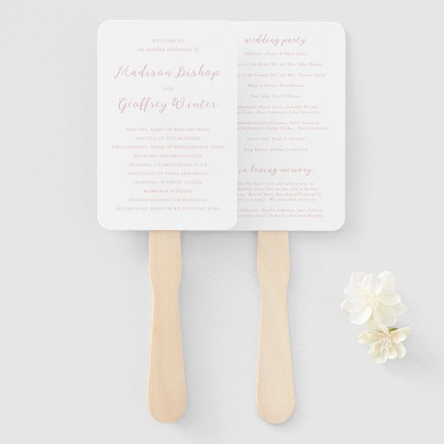 Bold Script Pink Elegant Wedding Program Hand Fan (Front and Back)