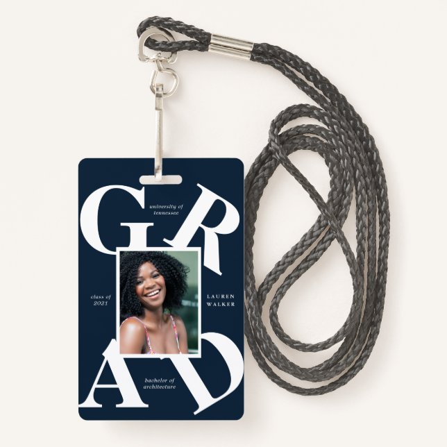 bold script school colours graduate announcement  ID badge (Front with Lanyard)