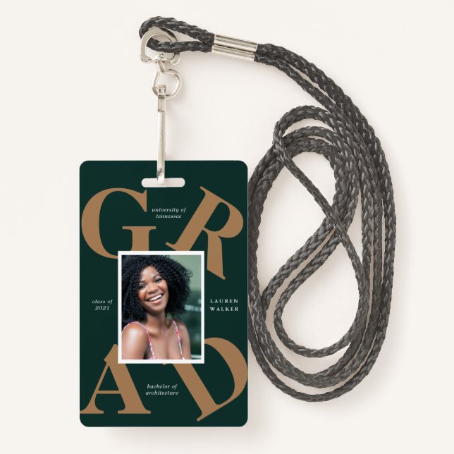 bold script school colours graduate announcement ID badge (Front with Lanyard)