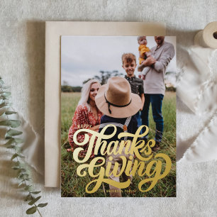 Bold Script Typography Photo Happy Thanksgiving Foil Holiday Card