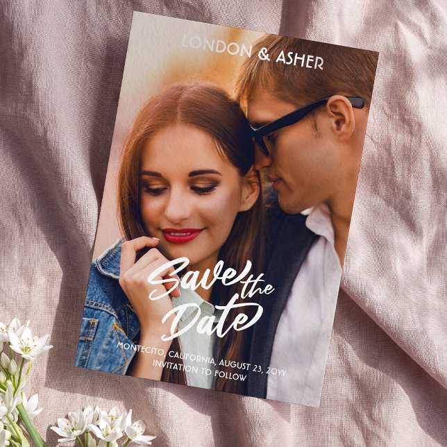 Bold Script White Overlay Photo Wedding Save The Date (Creator Uploaded)