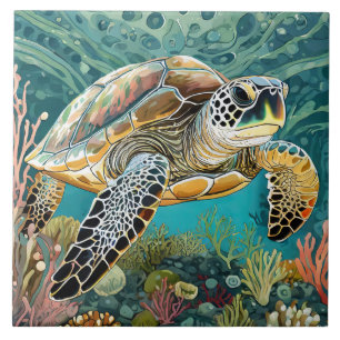 Bold Sea Turtle Comic Style Tile