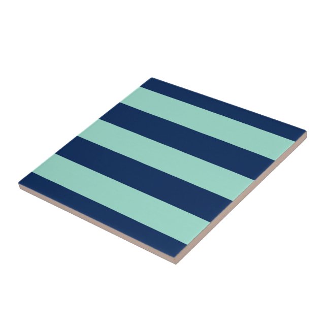Bold Seafoam Green and Dark Blue Stripes Tile (Side)