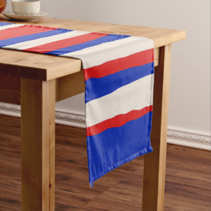 Bold Serrate Stripe Pattern Bright Blue Red Cream Short Table Runner