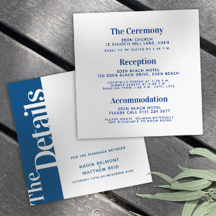 Bold side text blue white square wedding details enclosure card