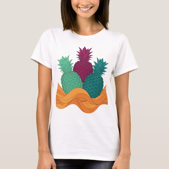 Bold Silver THREE PINEAPPLES Artistic Motif T-Shirt (Front)