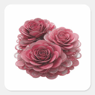 Bold Silver THREE PINK ROSES WITH WATER DROPS Square Sticker