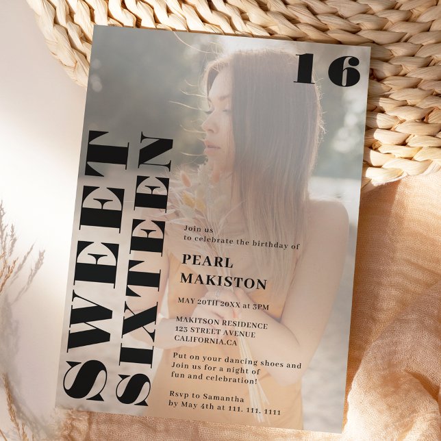 Bold simple black photo sweet 16 birthday invitation (Bold simple black photo sweet 16 birthday invitation)