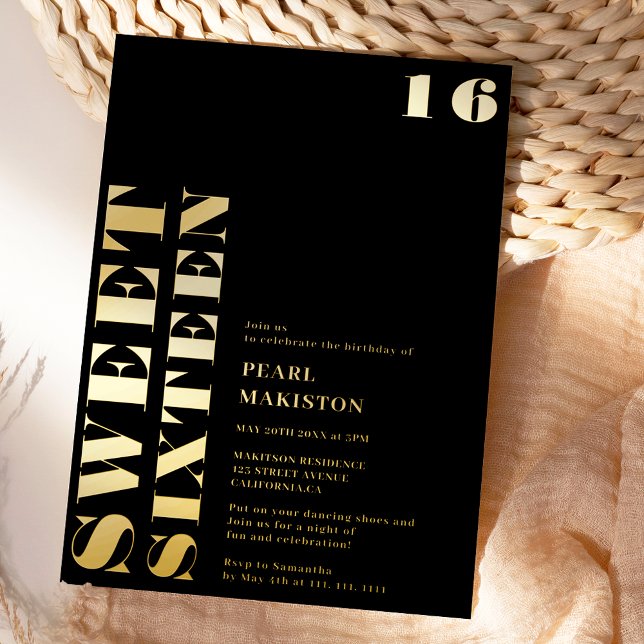 Bold simple gold black sweet 16 birthday (Bold simple gold black sweet 16 birthday foil invitation)
