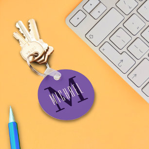 Bold Simple Monogram Initial & First Name Purple  Key Ring