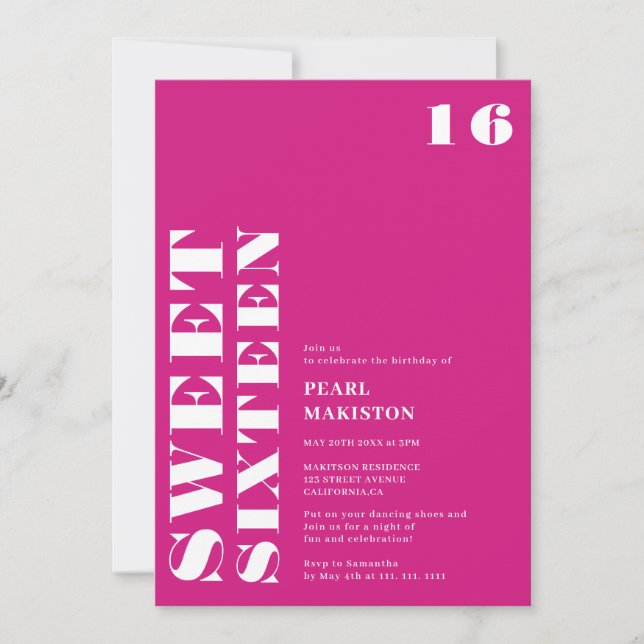 Bold simple neon pink sweet 16 birthday invitation (Front)