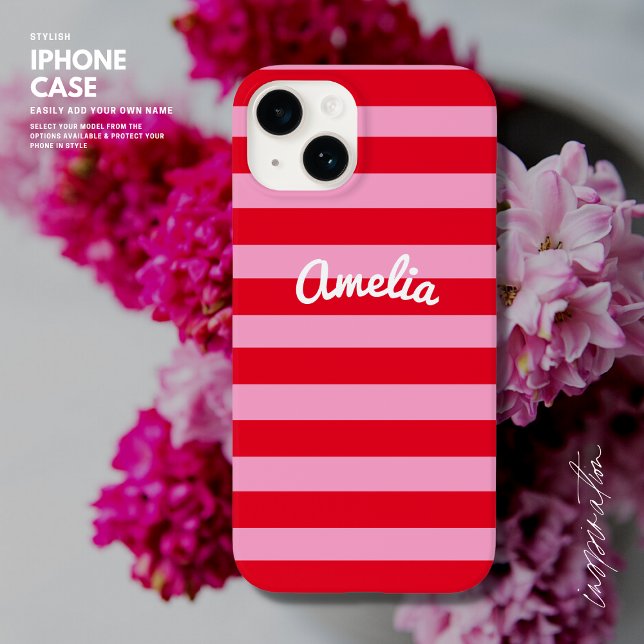 Bold Simple Retro Stripe Red and Pink Personalised Case-Mate iPhone Case (Creator Uploaded)
