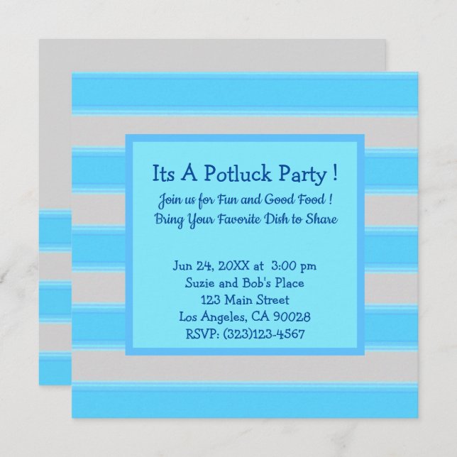 Bold Simple Stripes Turquoise  Potluck Party Invitation (Front/Back)